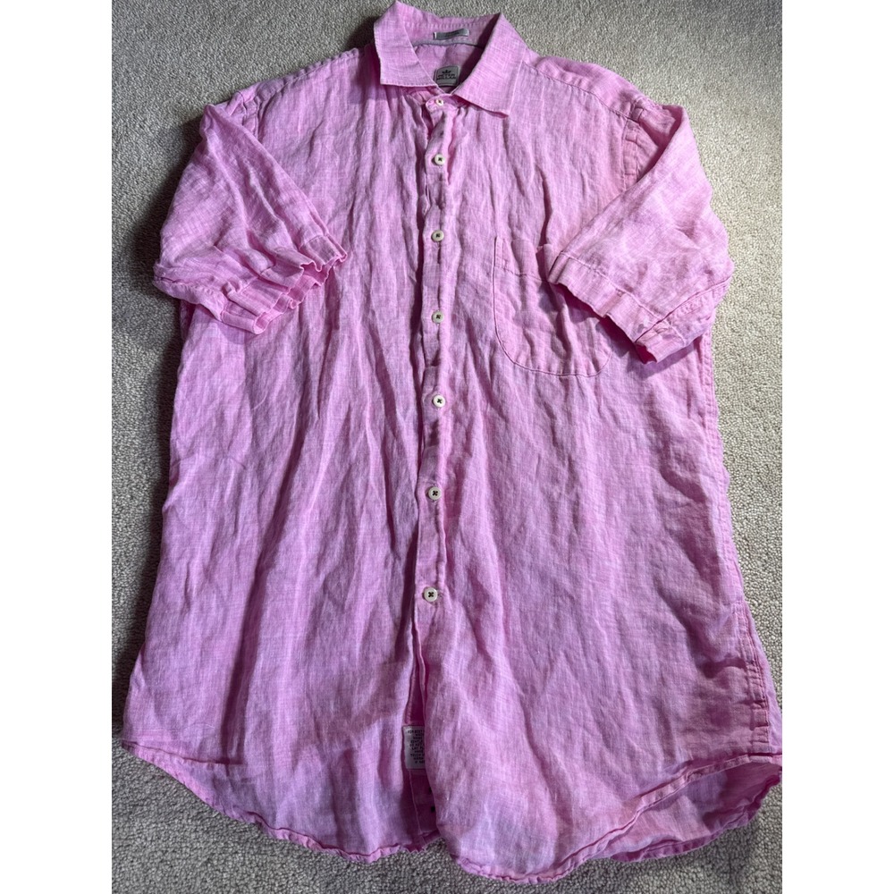 Peter Millar Mens Pink 100% Linen Short Sleeve Button Up Shirt Size Medium